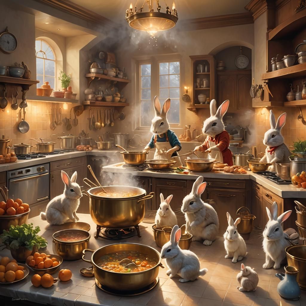 Rabbits Cook Soup in Luxurious Kitchen, Ethereal Art