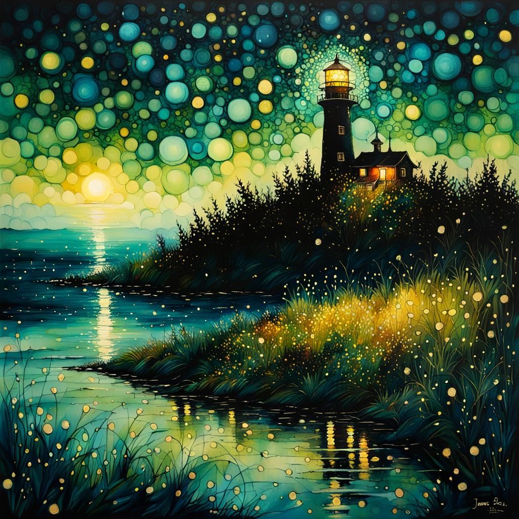 Magical Lighthouse at Night with Fireflies