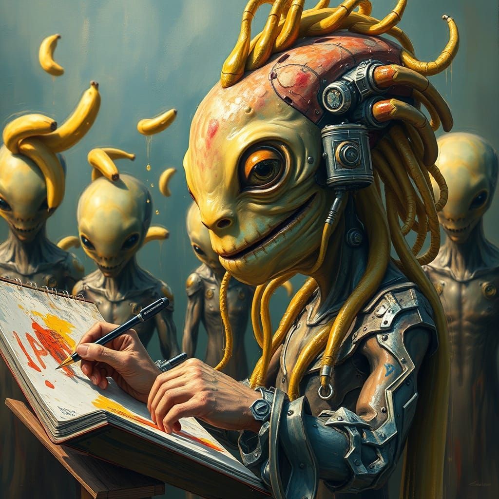 Neo-Impressionist Alien Mona Lisa with Mechanical Fish