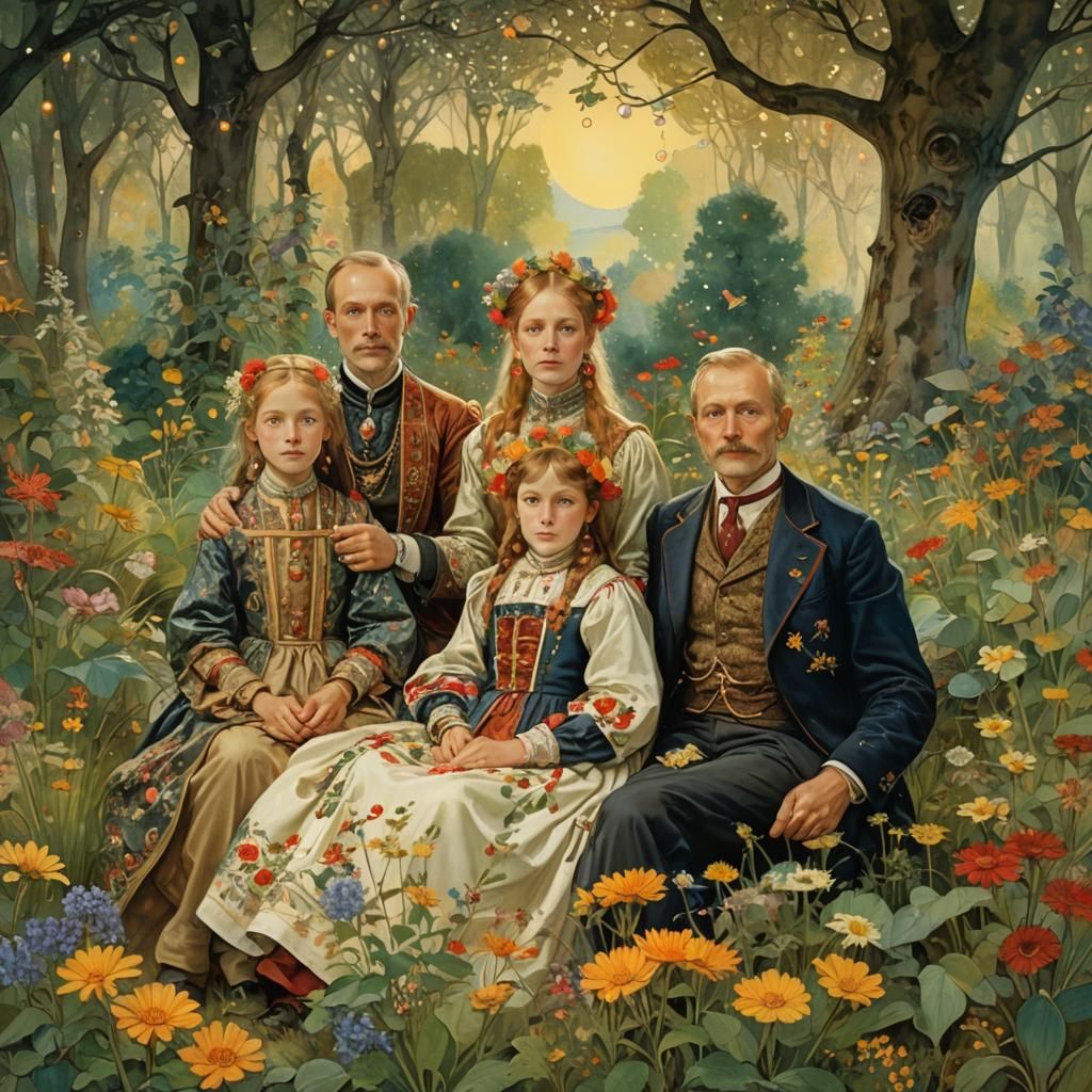 Mystical Family Portrait in Vibrant Art Nouveau Style