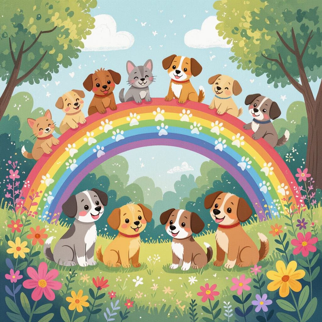 Rainbow Bridge with Souls in Whimsical Digital Art