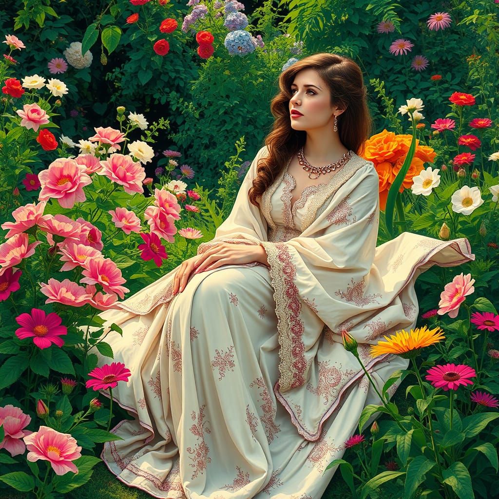 Romantic Pre-Raphaelite Pop Art Beauty in a Vibrant Garden
