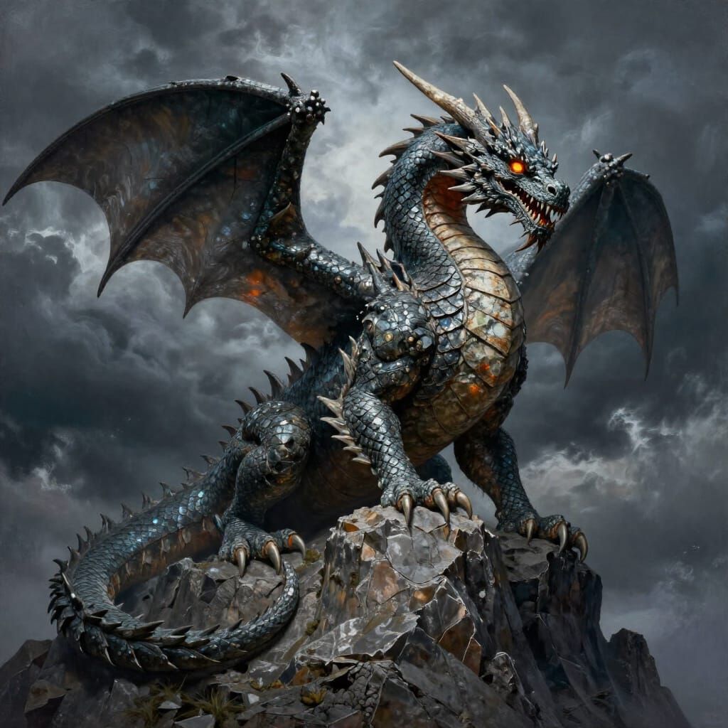 Colossal Rock Dragon in Stormy Epic Matte Painting