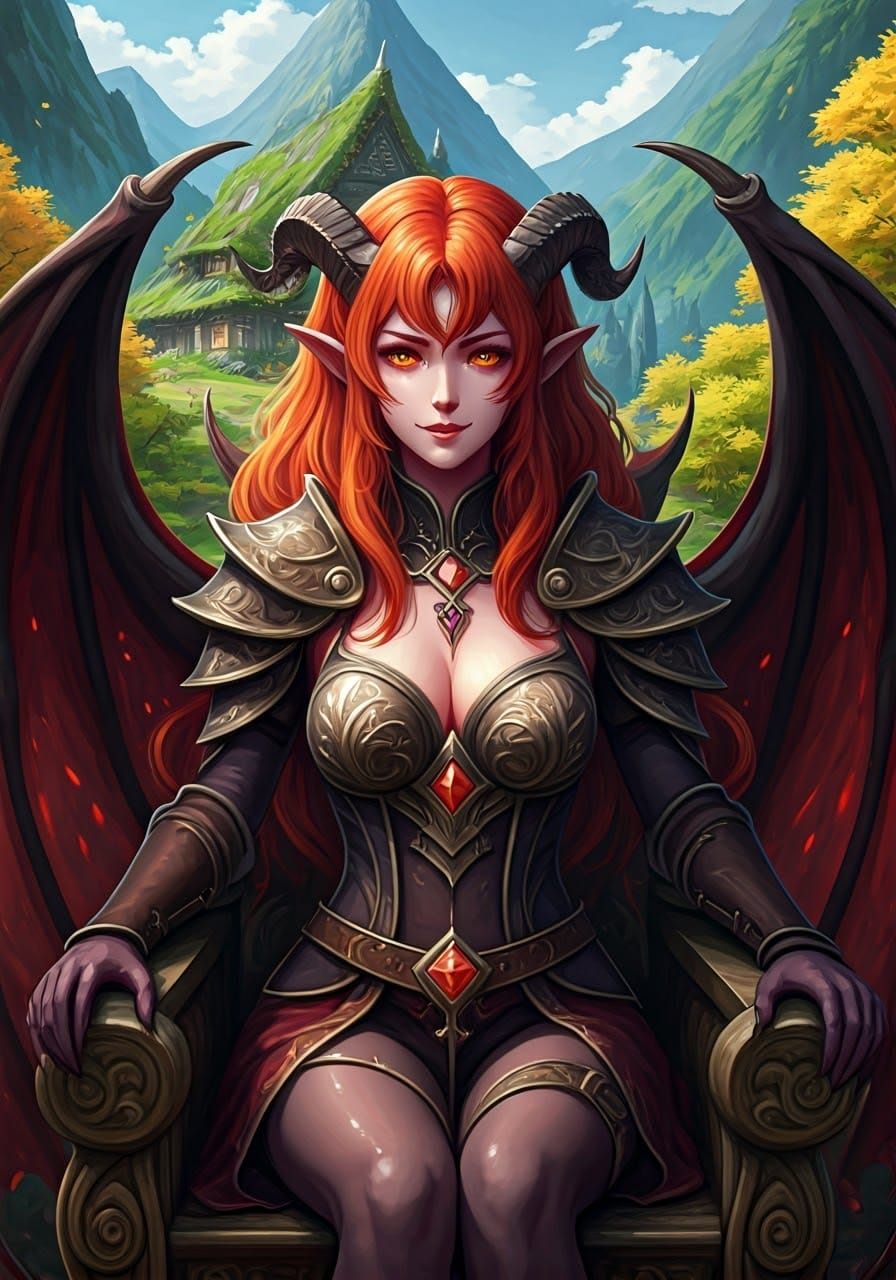 Ethereal Demoness in Whimsical Fantasy Landscape