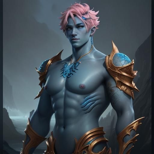 Handsome Blue Triton with Pink Hair, Detailed Painting