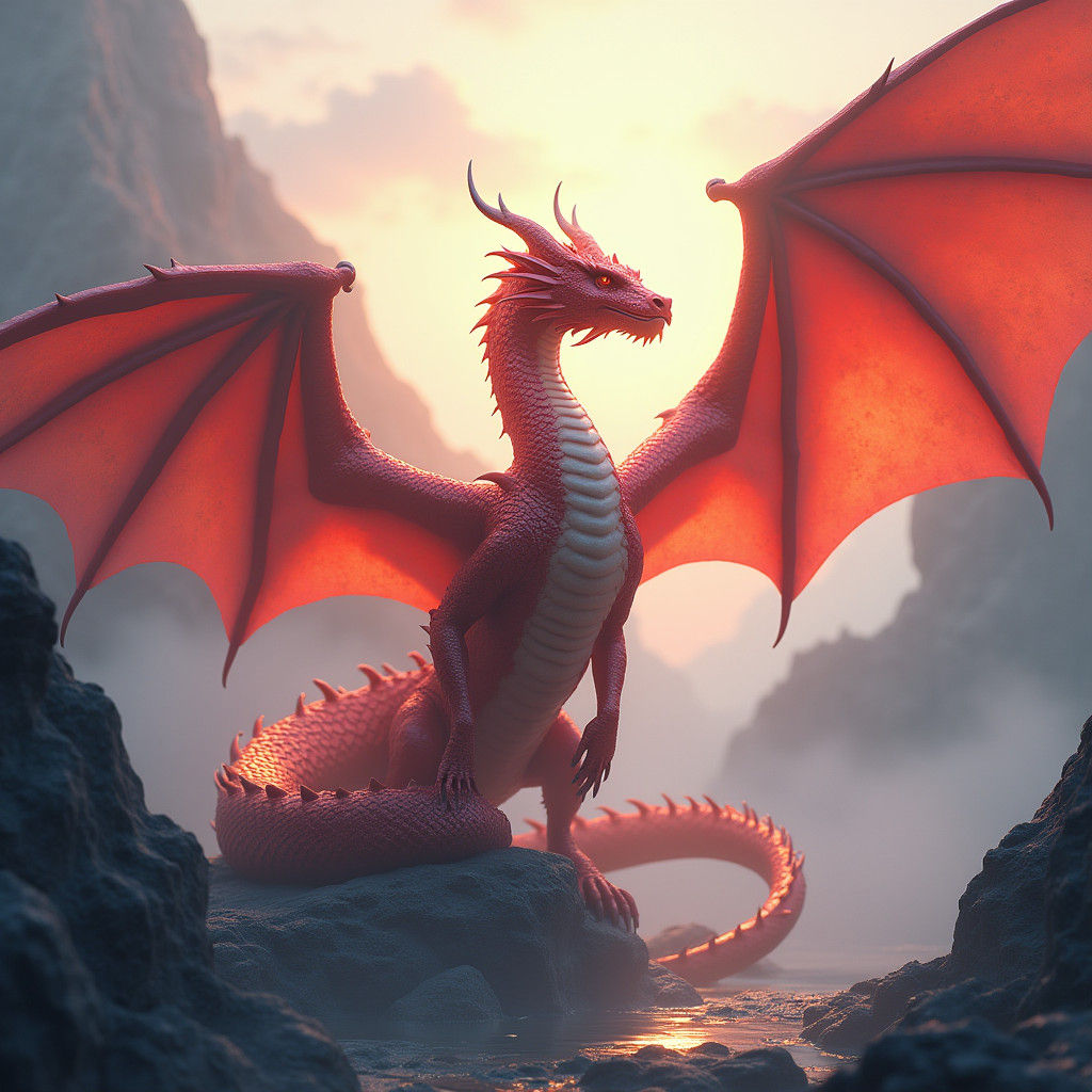 Majestic Red Dragon with Iridescent Scales in Anime Style