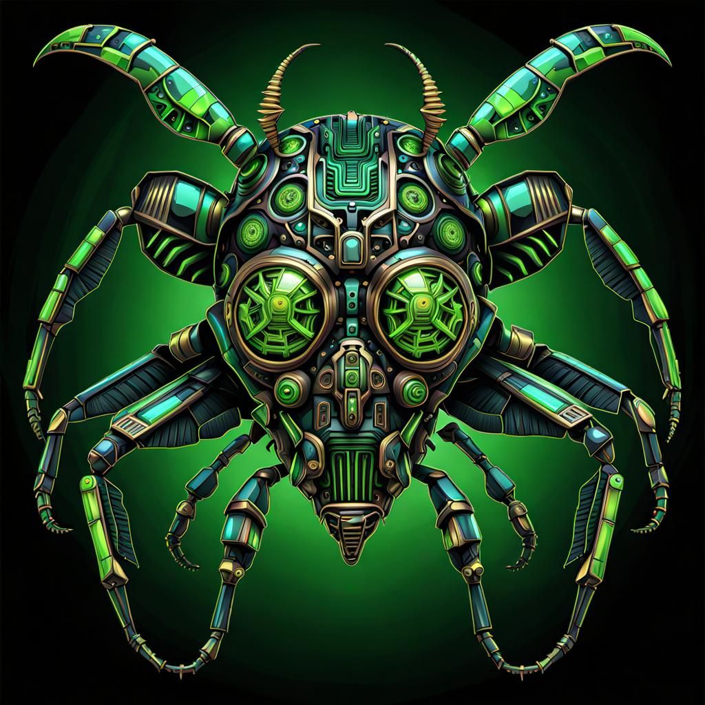Neon-Green Steampunk Mechanical Bug with Aztec Patterns