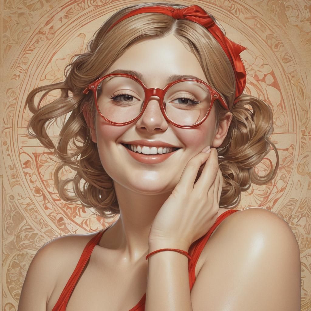 Smiling Woman in Red Swimsuit, Art Nouveau Style