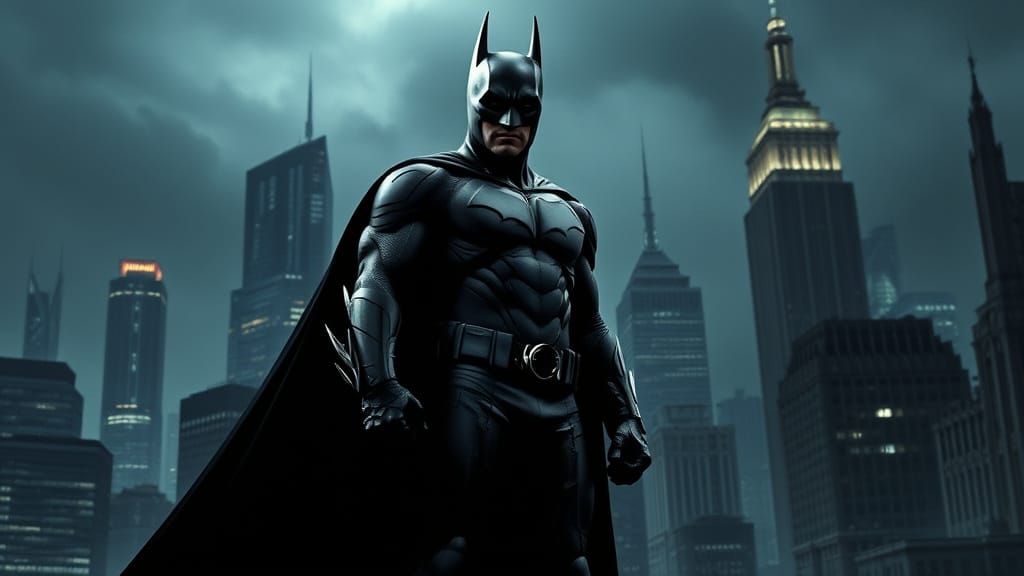 Gothic Dark Knight Hero Stands Tall in Stormy Gotham City Ni...