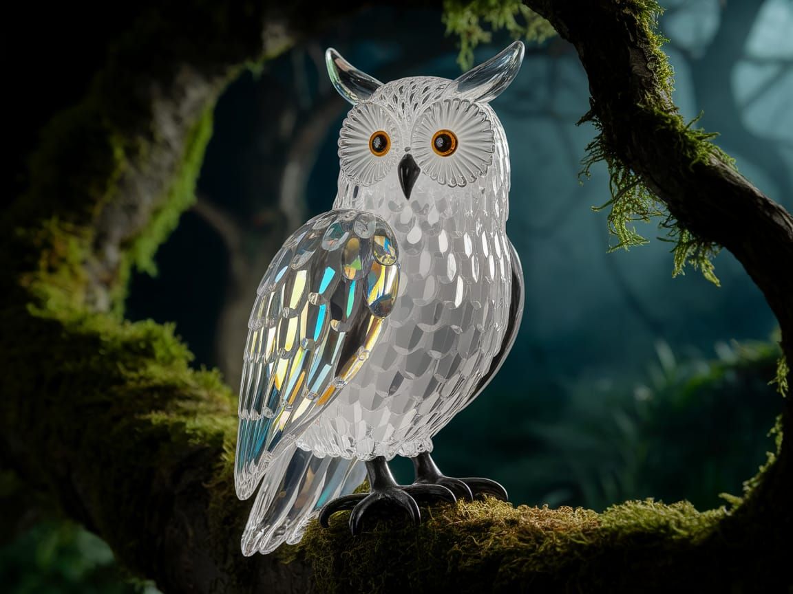 Glass Owl Perched in a Mystical Forest