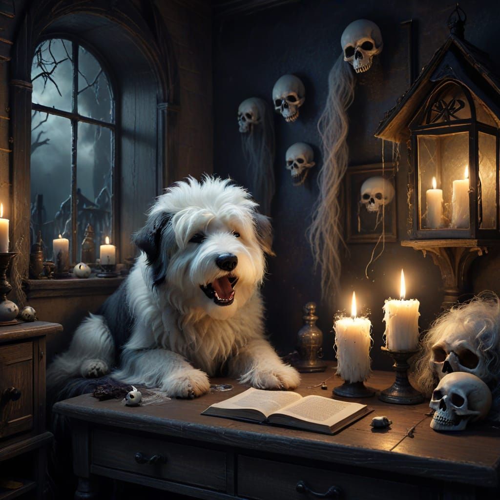 Scared Sheepdog Meets Talking Skull in Haunted House