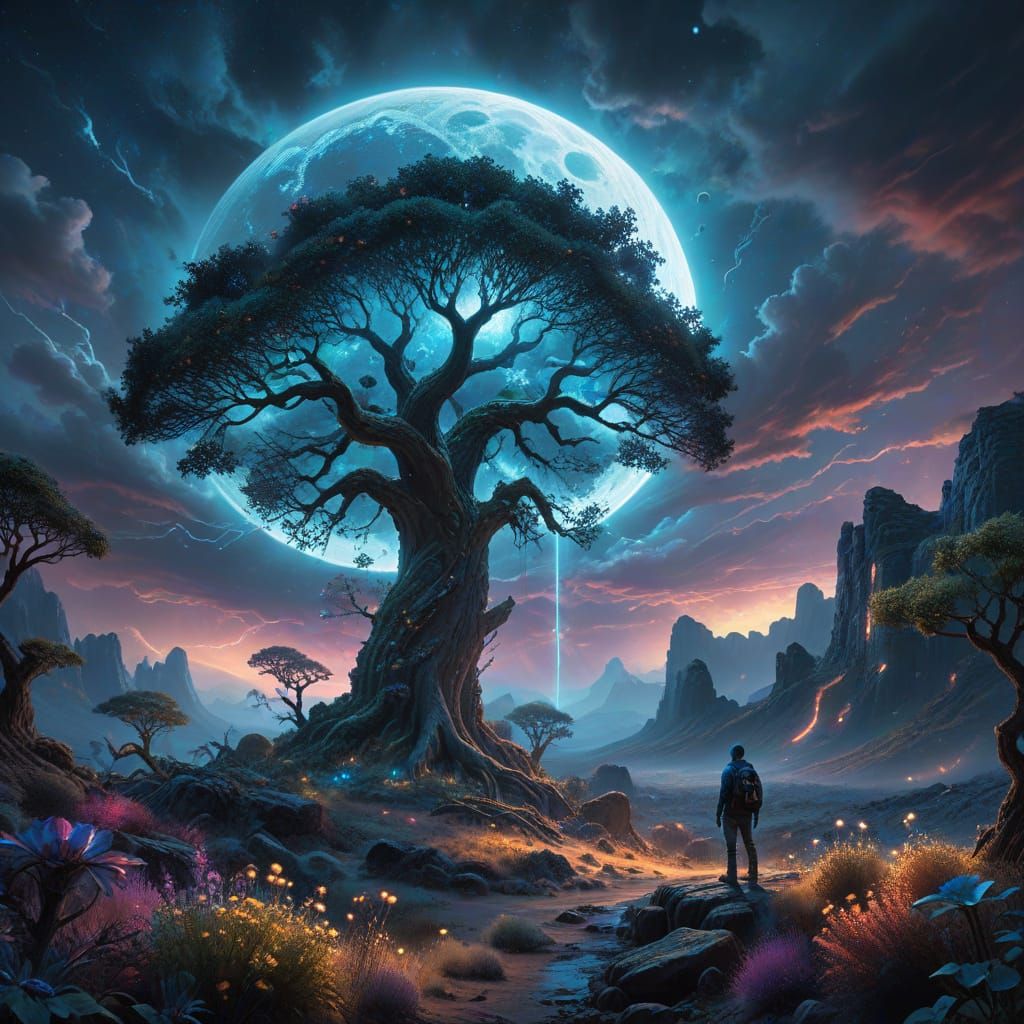 Bioluminescent Tree in Alien Desert, Ethereal Art