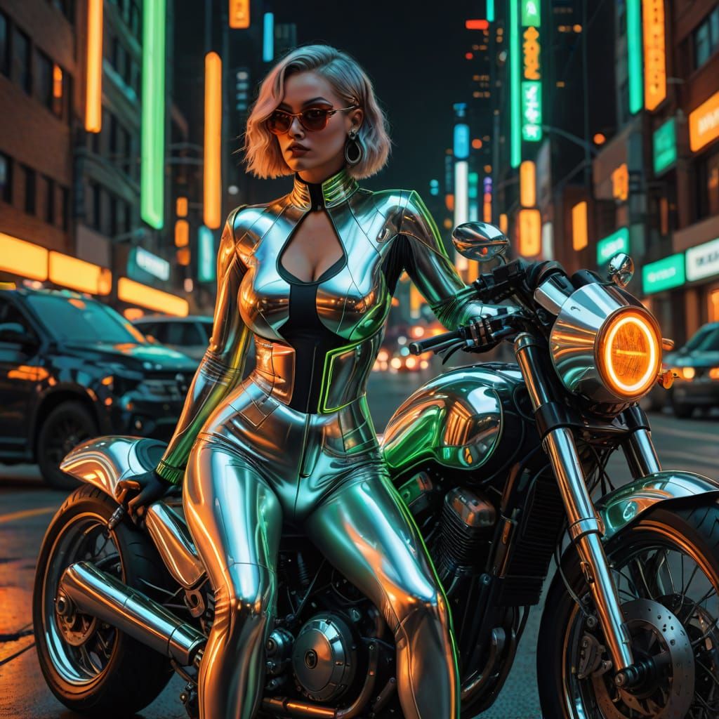 Cyberpunk Pop Art Motorcycle Theft in Neon Cityscape