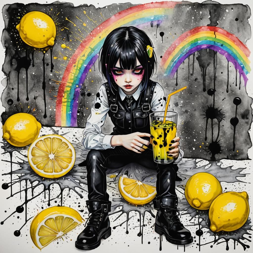 Gloomy Goth Girl Drinking Lemonade, Art Nouveau Style