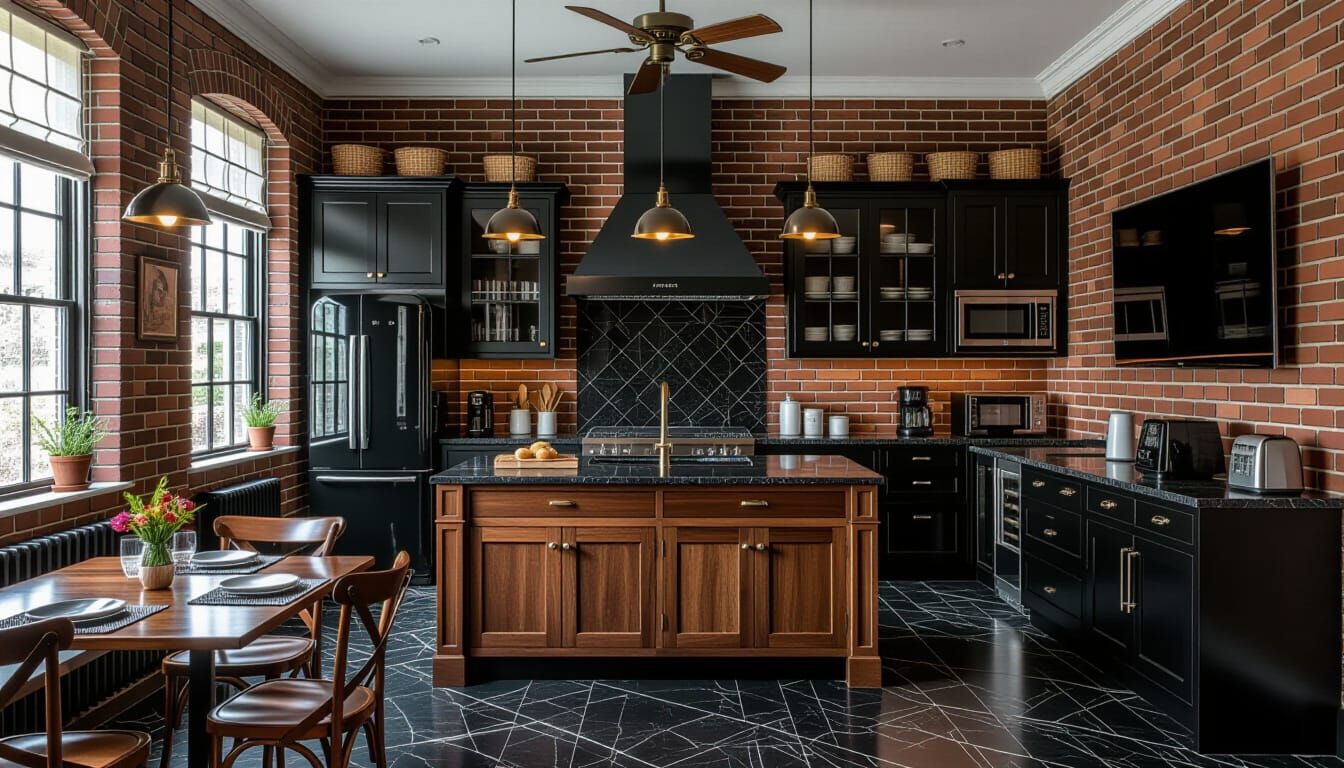 Victorian Kitchen with Wooden Tables and Marble Floor