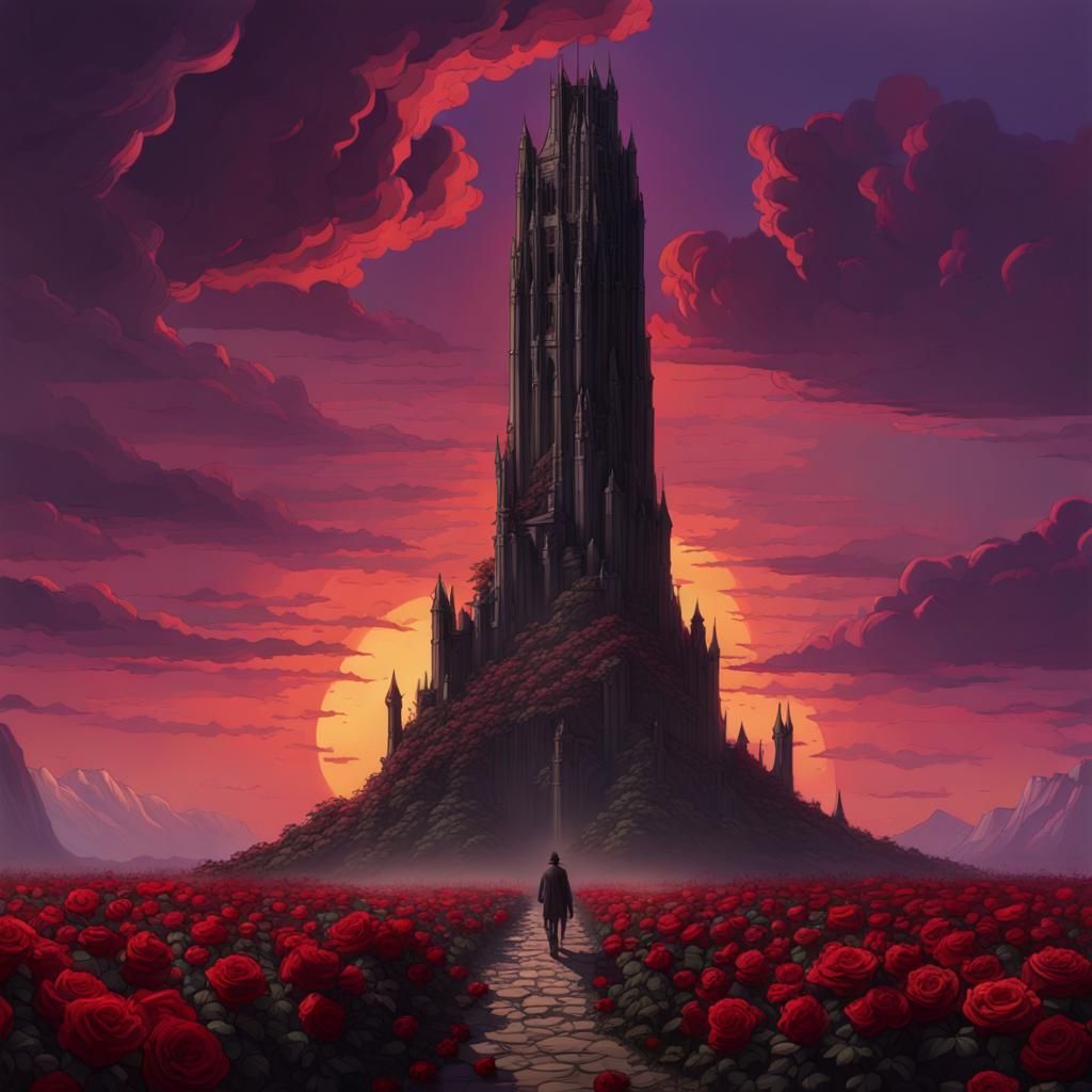 Dark Tower Surrounded by Roses, Hyperdetailed Concept Art