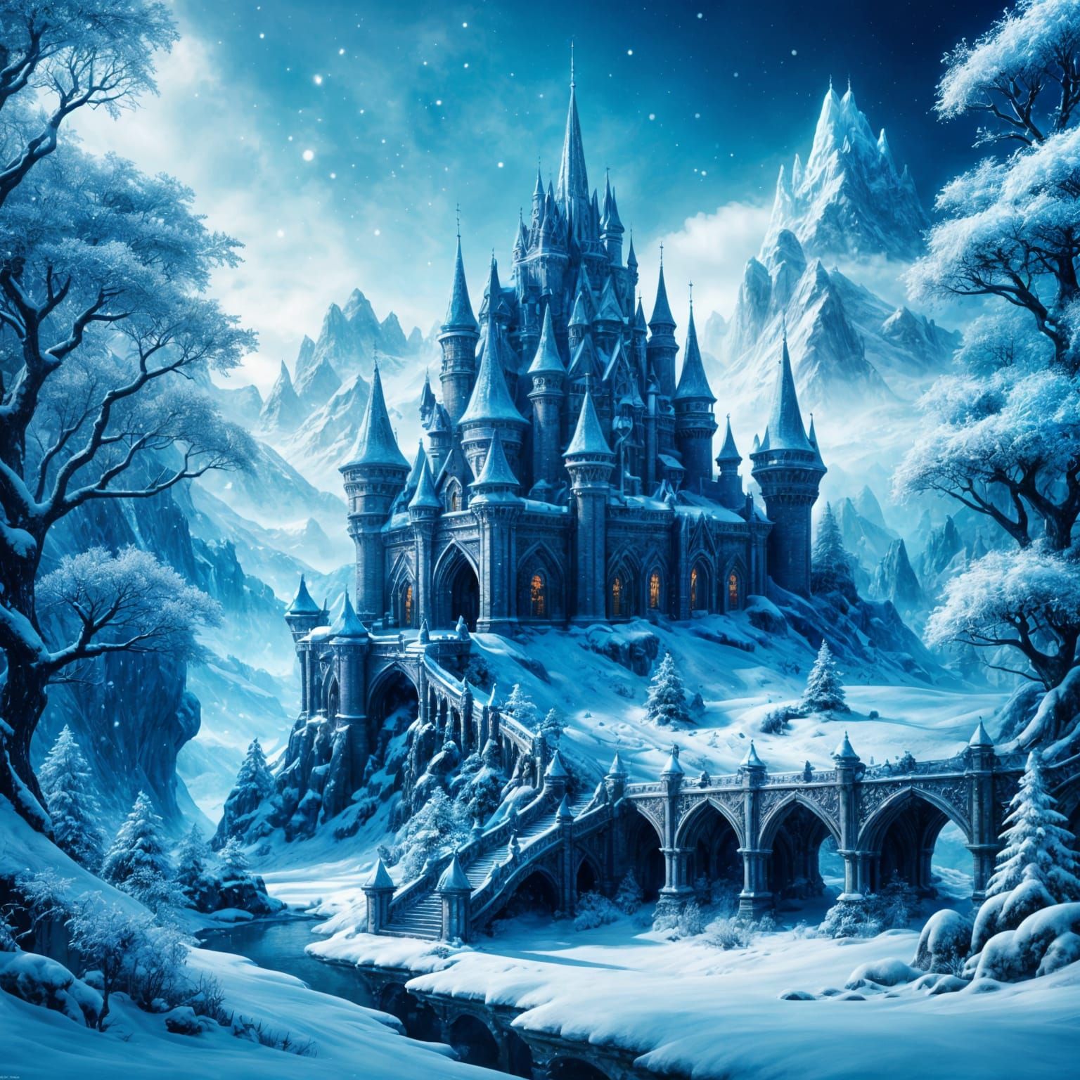 Winter Fairy Kingdom in Cold Blue, Digital Matte Painting