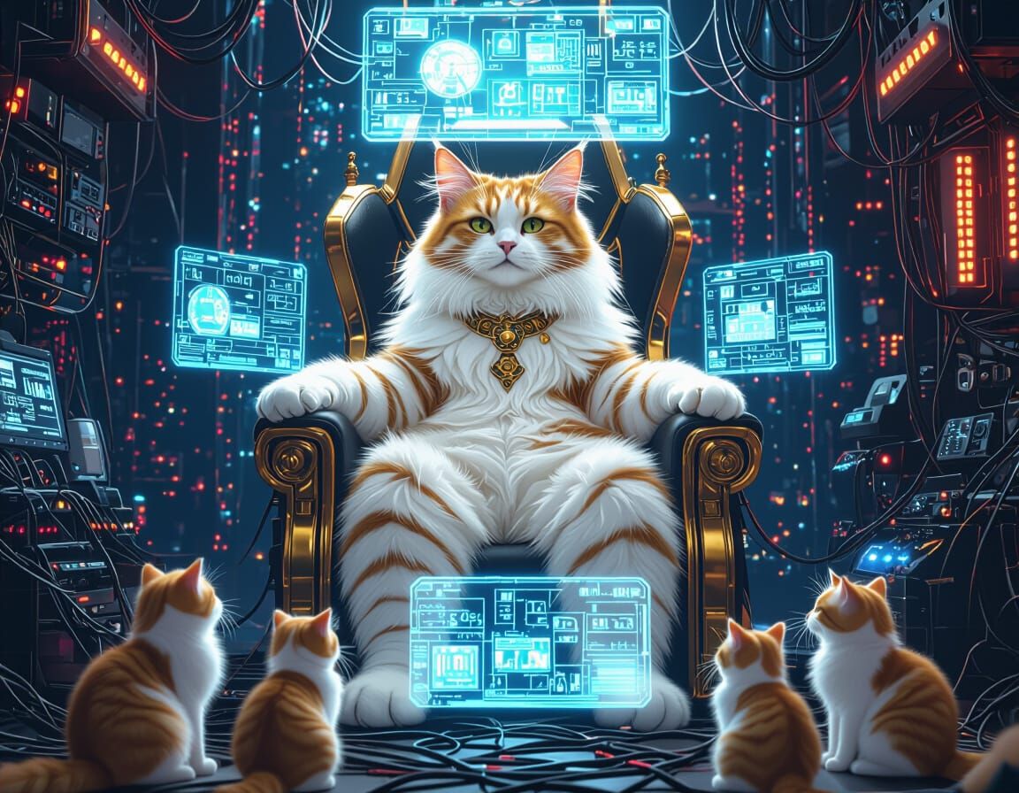 Giant Cyberpunk Cat on Gamer Throne