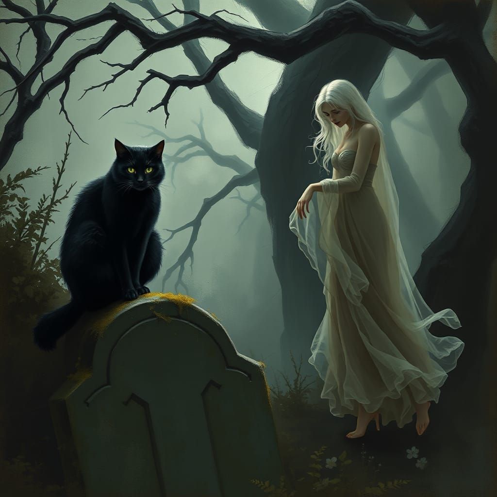 Gothic Black Cat and Ghost in Dark Fantasy Style