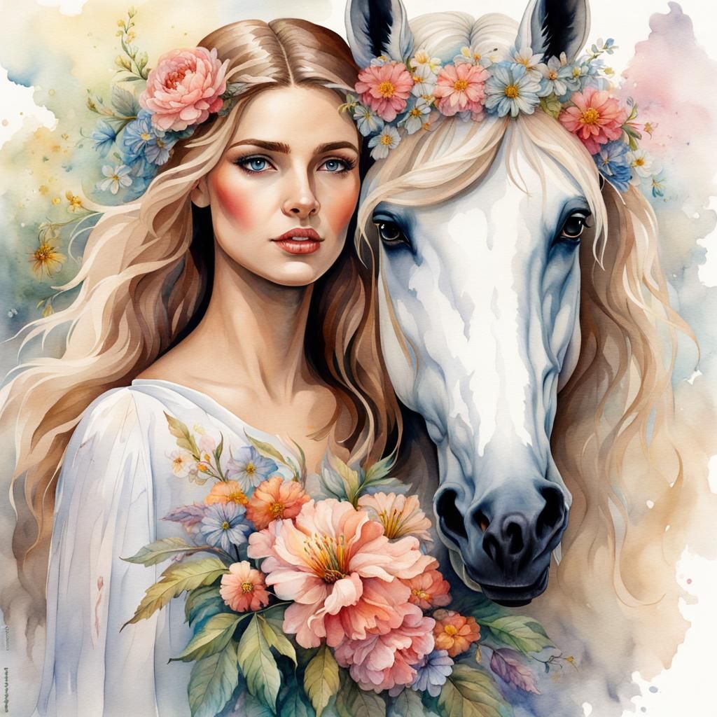 Woman and Pegasus Portrait with Watercolor Flowers