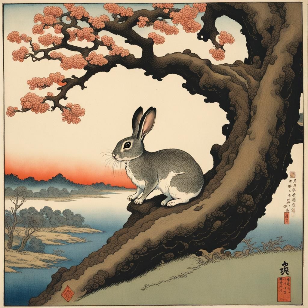 Scaly Rabbit Climbs Oak Tree: Moebius Ukiyo-e Style