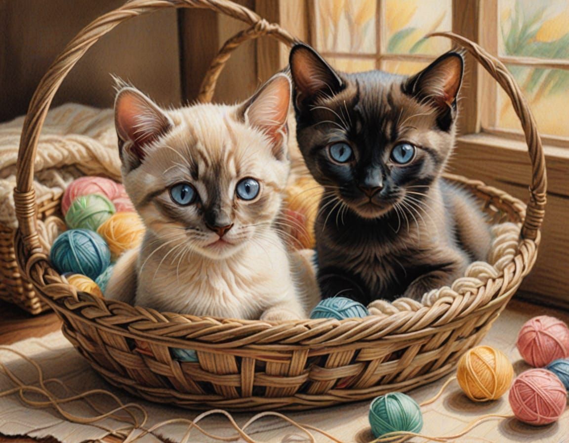 Siamese Kittens Play with Yarn: Colored Pencil Storybook