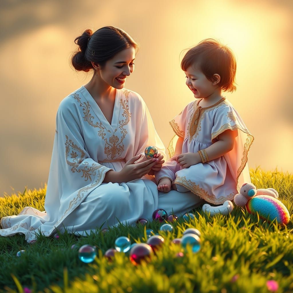 Serene Mother and Child in Whimsical Wonderland