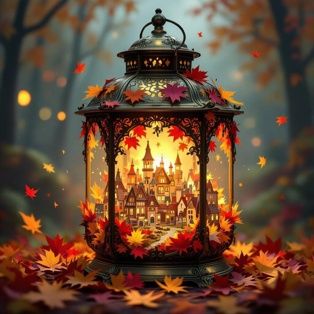 Fantastical Autumn Cityscape Inside Ornate Lantern