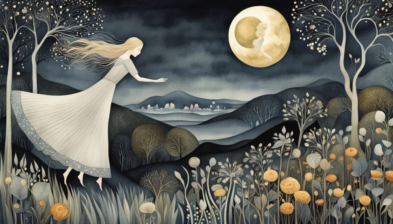 Surreal Woman Dances Among Vibrant Flowers in Cosmic Fusion