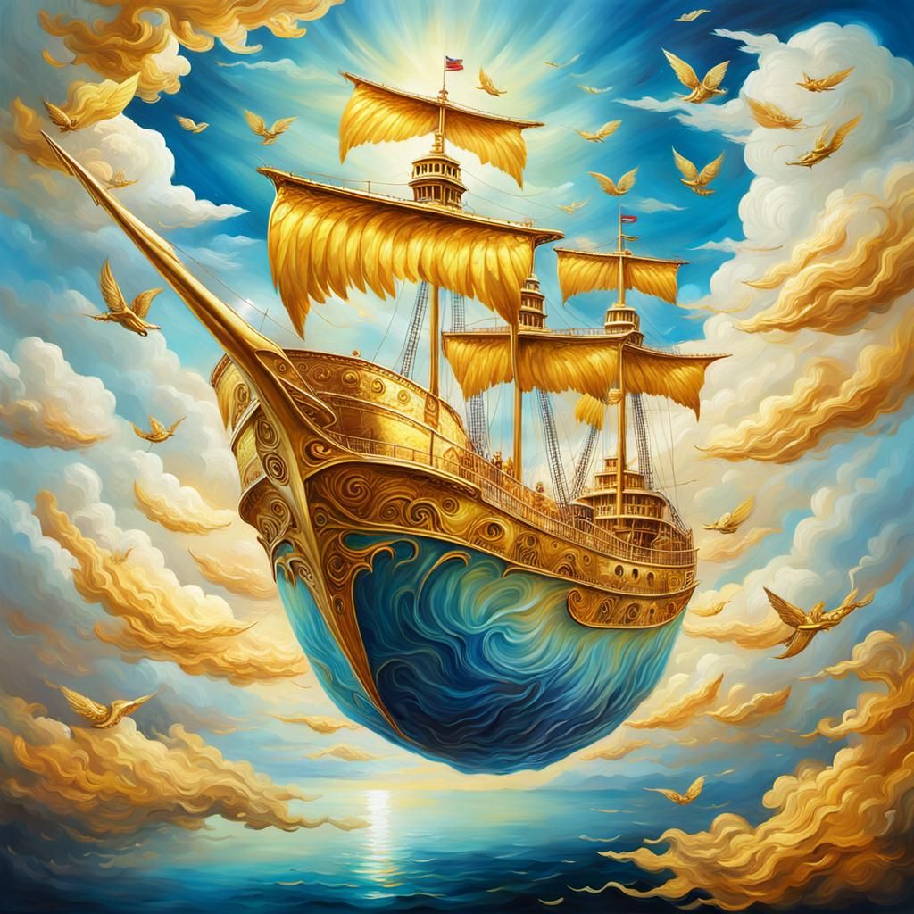 Golden Winged Ship in Surrealist Oil Painting