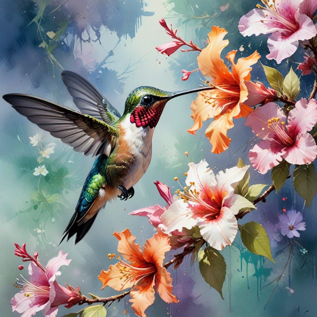 Vibrant Springtime Hummingbird in Soft Pastel Watercolor