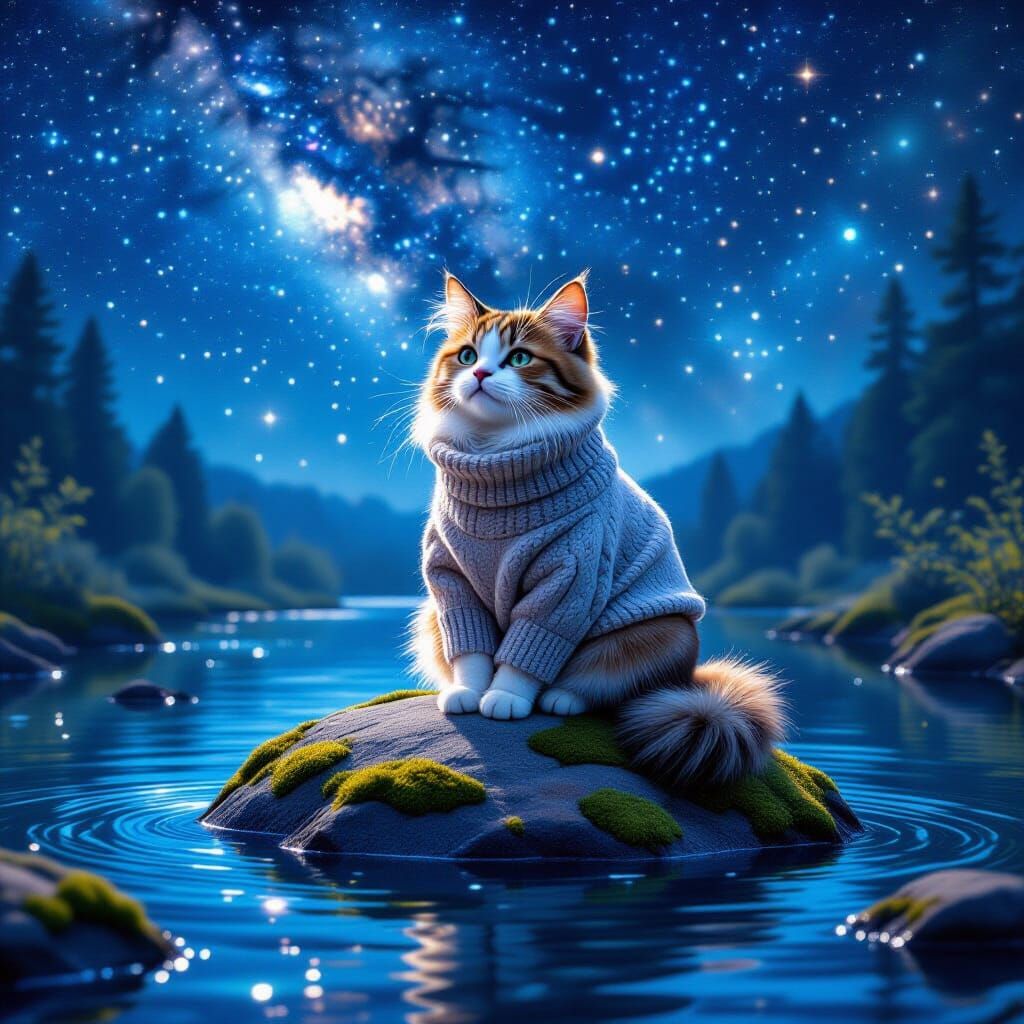 Serene Cat on River Rock in Dreamy Astral Illustration