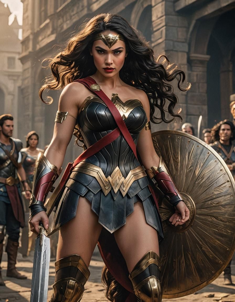 Wonder Woman, 1970’s black bouffant hair, black eyeshadow, red lipstick, sword in right hand, wooden shield in left hand...