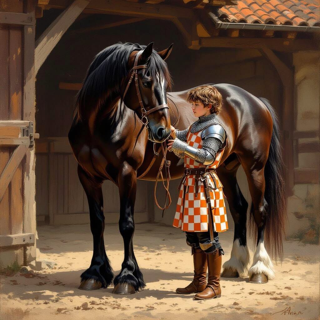 Squire Brushing Majestic Friesian Horse in Dappled Light