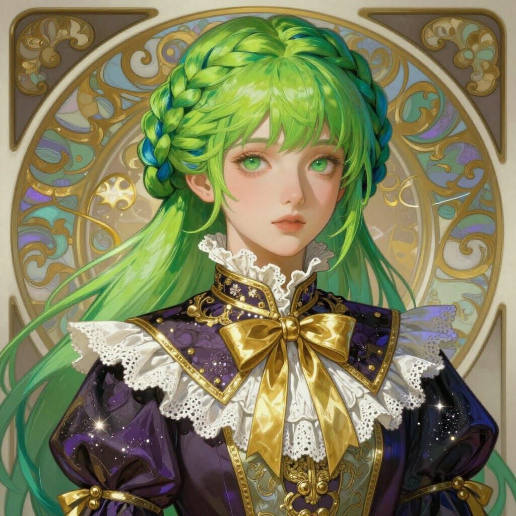 Elegant Lady with Braided Lime-Green Hair and Gold Accents