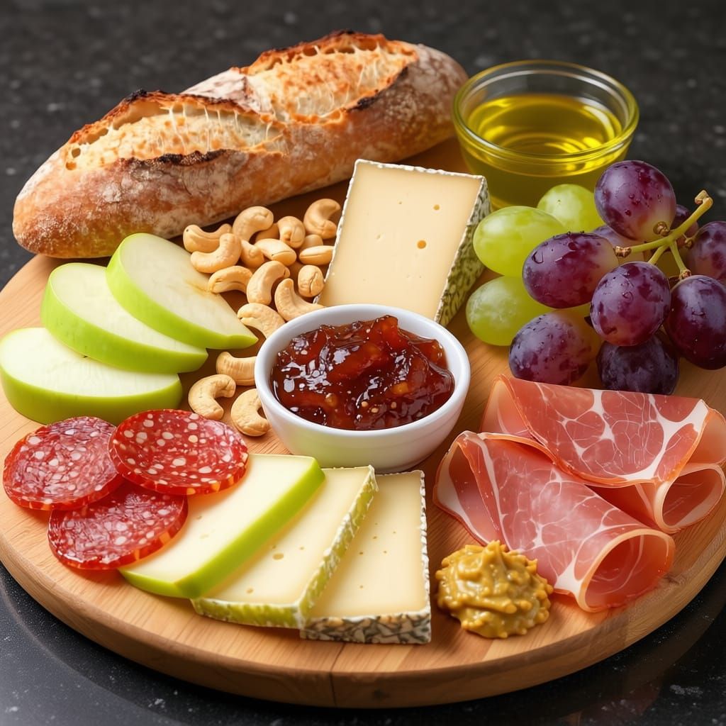 Gourmet Cheese Board with Fruits, Meats, and Breads