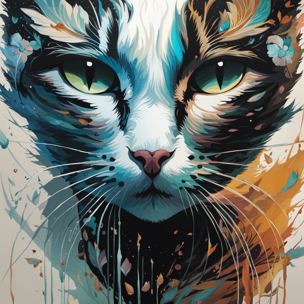 Mysterious Two-Tone Cat in Speedpaint Style