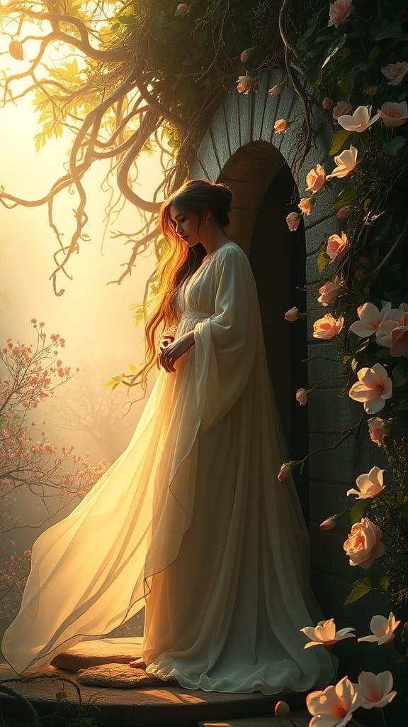 Classical Goddess Emerges from Ancient Vines into Dreamlike ...