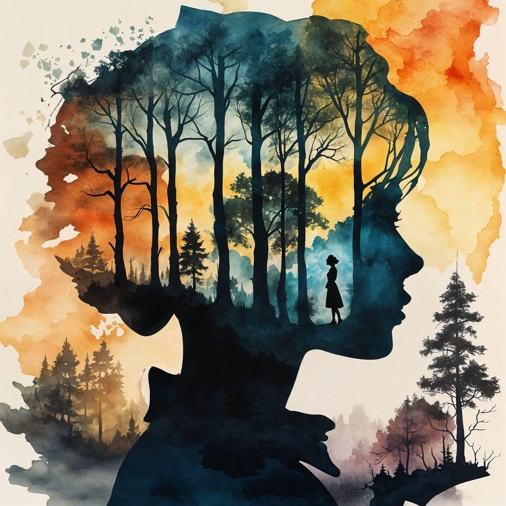 Silhouette Woman with Trees, Watercolor and Ink Painting