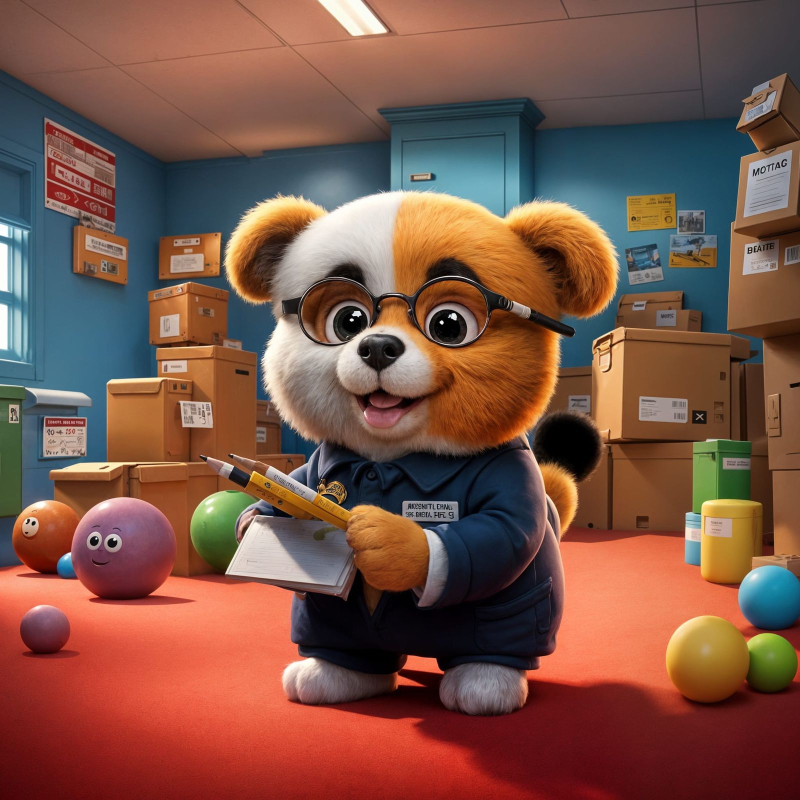 Cute Fuzzy Mailman in Clean Mailroom, Digital Art