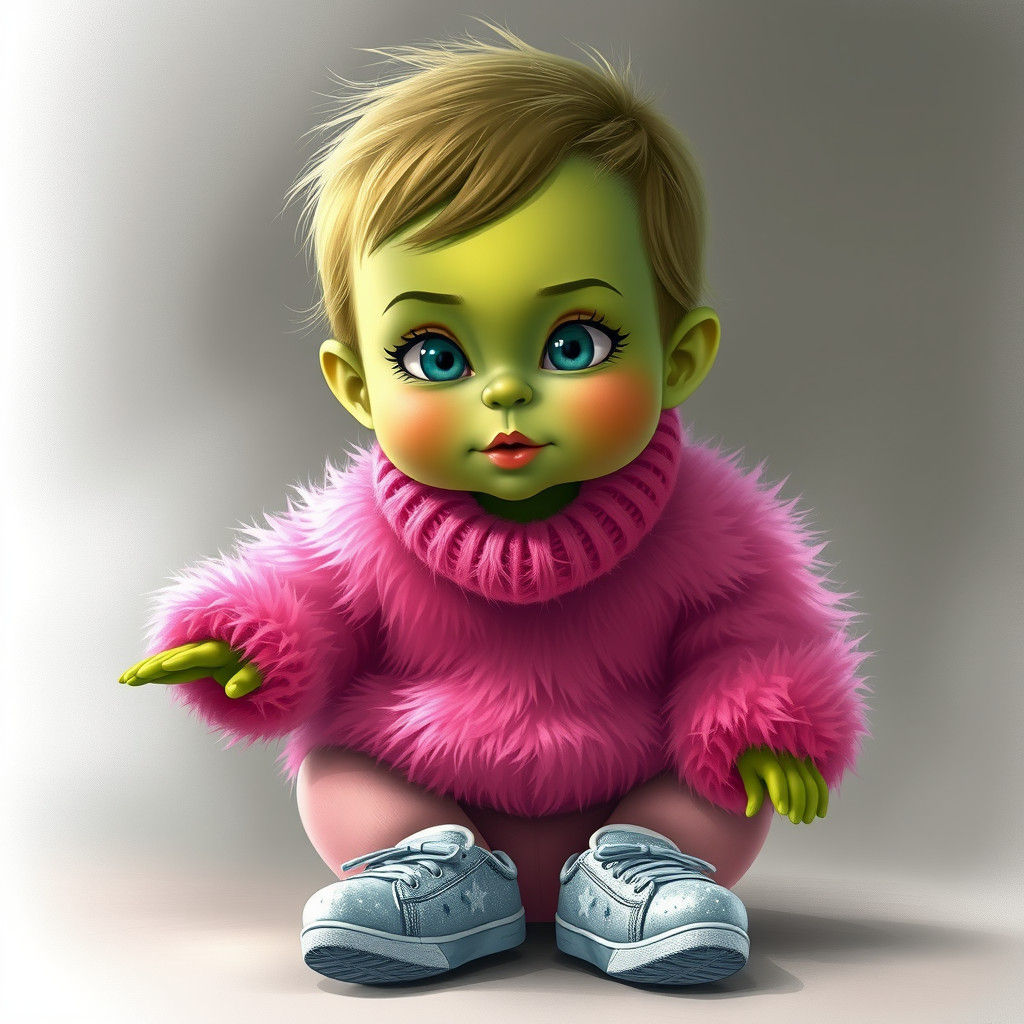 Grinch-like Baby Girl in Pink Fluffy Outfit