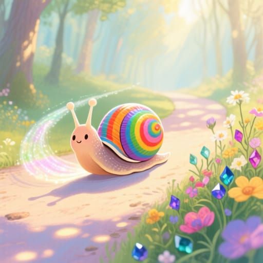 Rainbow Snail Glides Through Sun-Dappled Forest Path