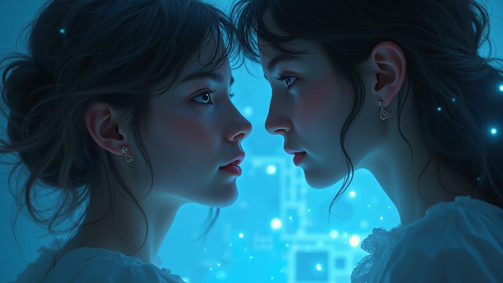 Fate-Bound Gaze: Two Women Connect Over a Glowing Blueprint