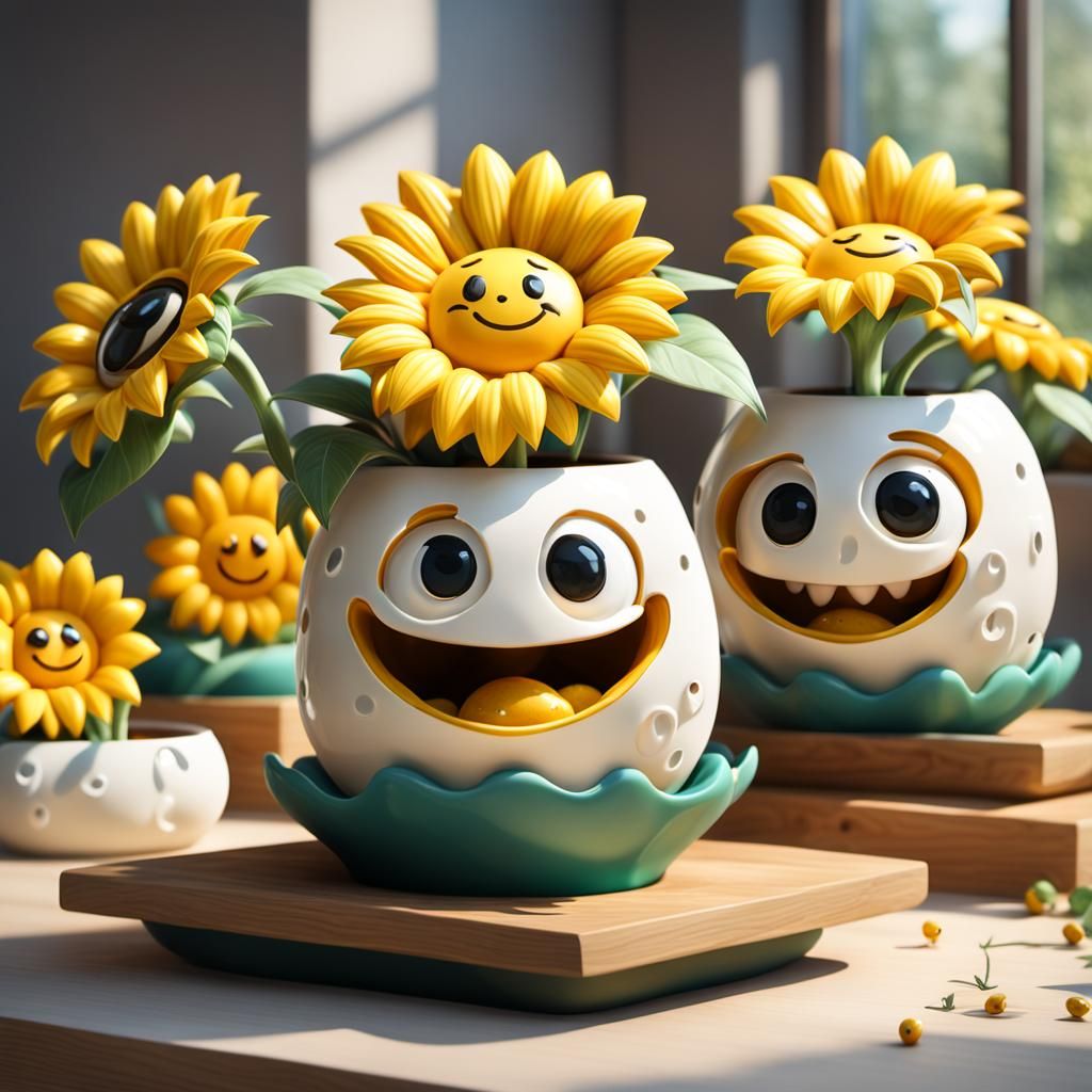ceramic flower pot, shaped like a sunflower