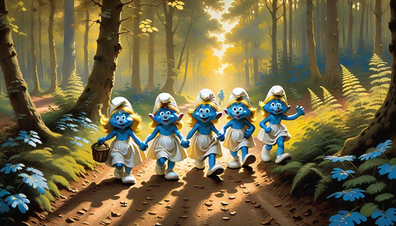 Smurfs March Forward in Golden Forest Light, a Vermeer-Inspi...