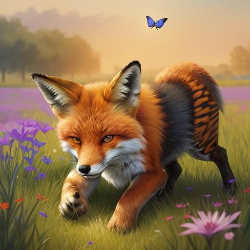 Fox and Butterfly Playing: Hyperrealistic Splash Art