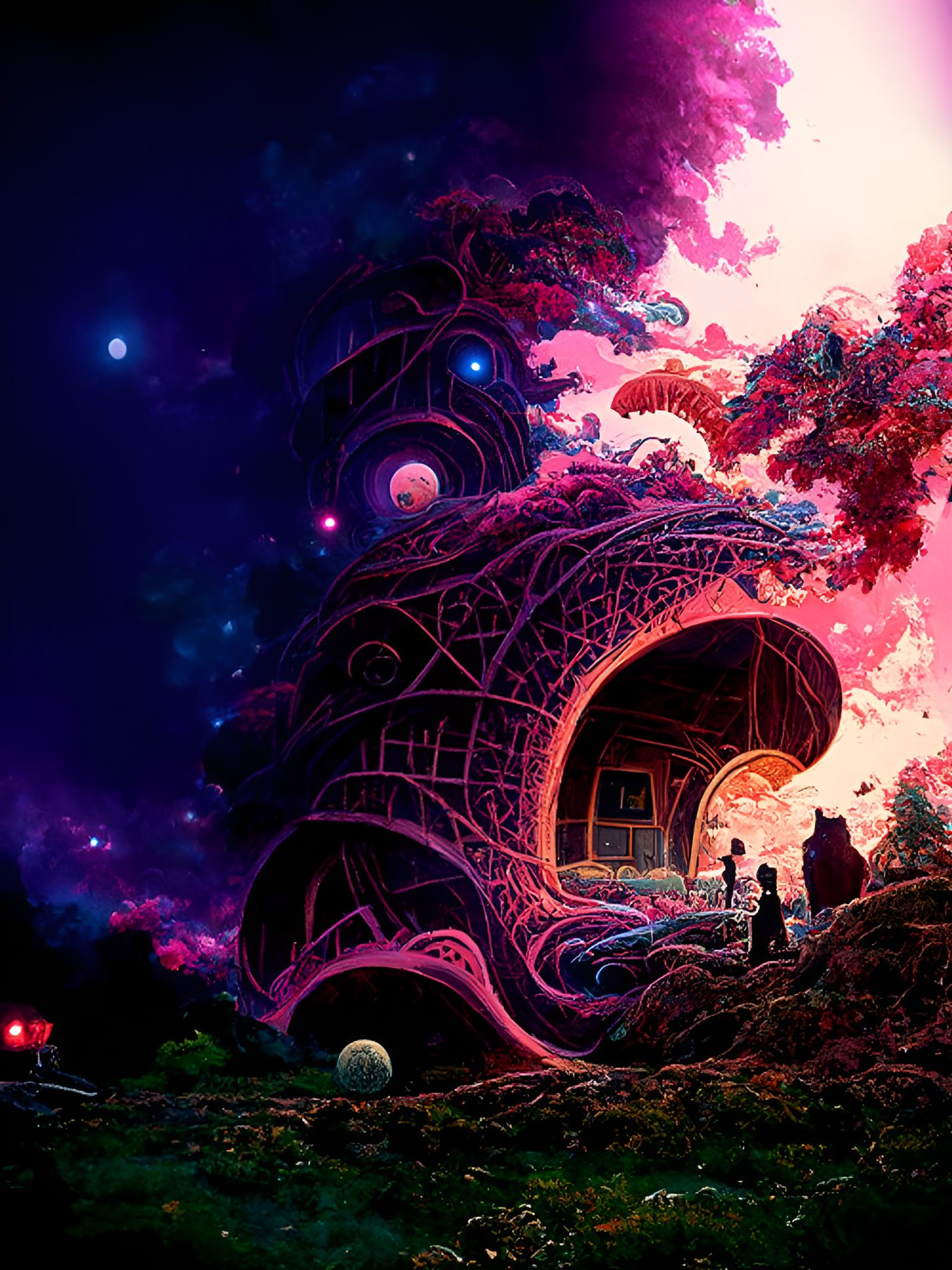 Surreal Wooden House Dreamscape in Psychedelic Ukiyo-e Style