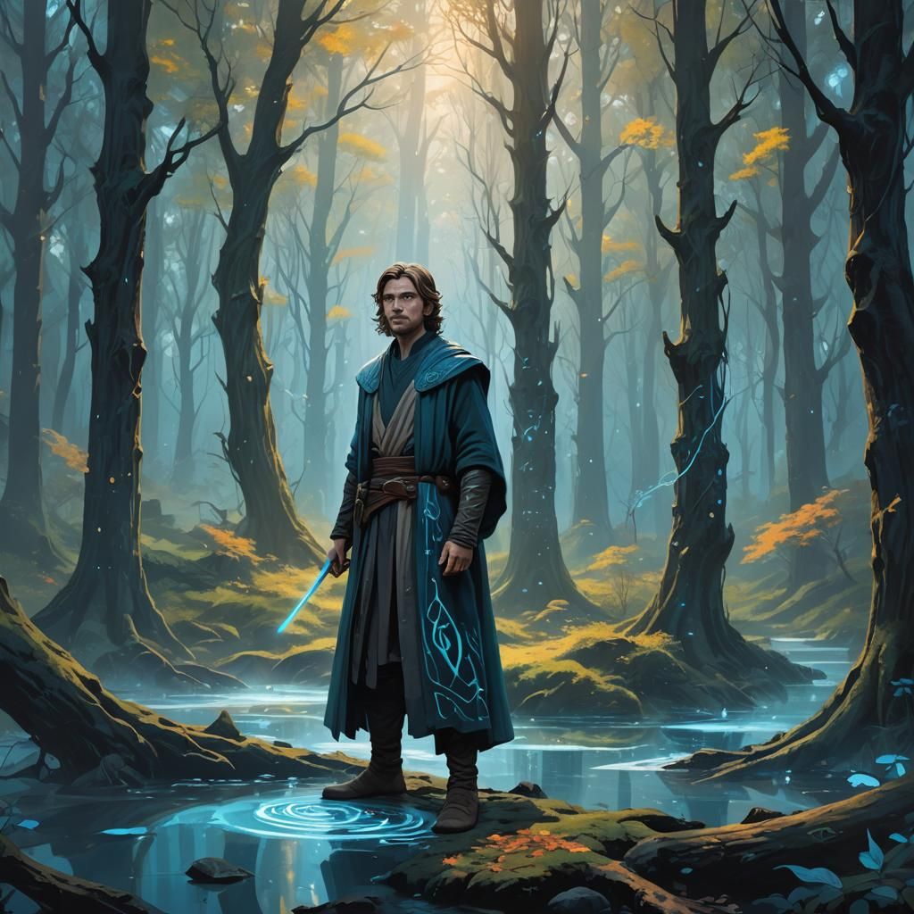 Young Jedi in Mystical Glowing Forest