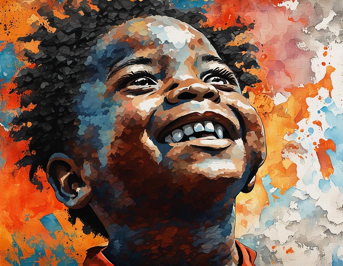 Smiling Child in Oil and Watercolour Newspaper Art