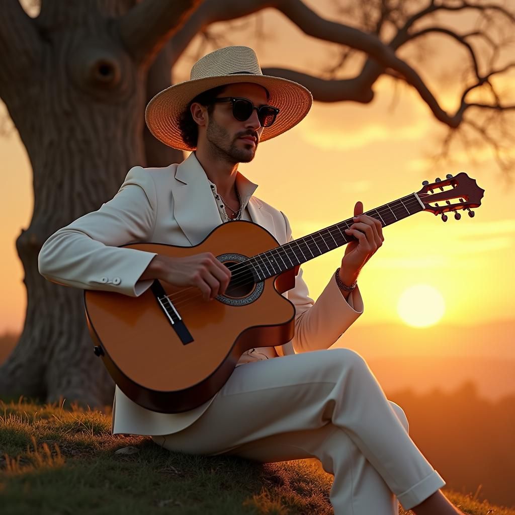 Musician Plays Guitar at Sunset in Fantasy Art Style